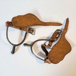 Vintage Steel Spurs With Hand-Tooled Leather Straps, Set Of Two Cowboy Spurs